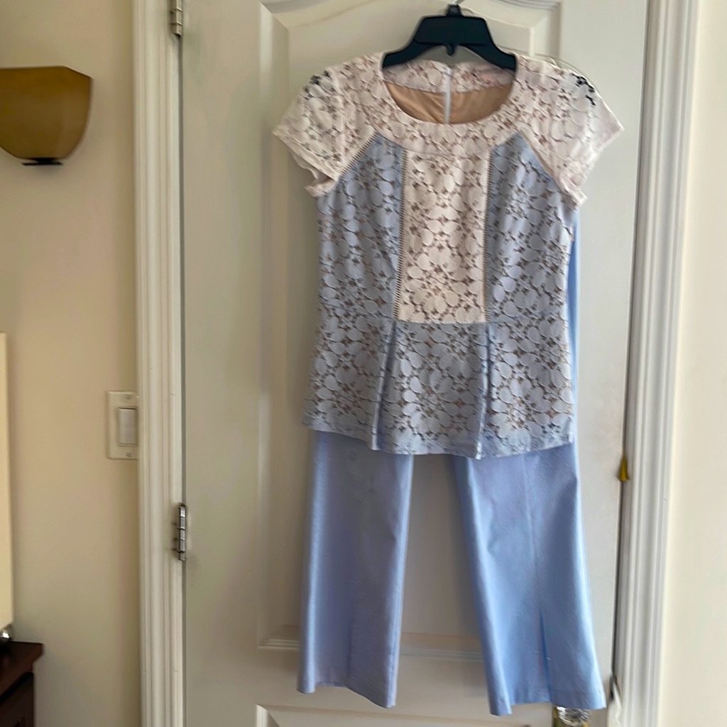 “Nanette Lepore “Lined Mixed Media Lace White And Soft Blue Peplum